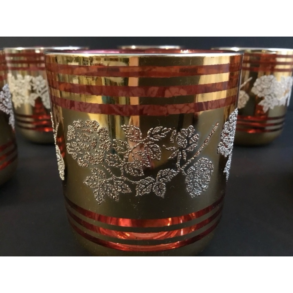 Mid Century Crown Ruby Gold Glitter Embossed 6 oz Tumblers 6 Piece Set Vintage - Picture 3 of 9